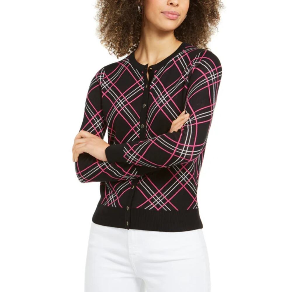 NWT Charter Club Deep Black Combo Plaid Cardigan Topper Layer Cotton Size M